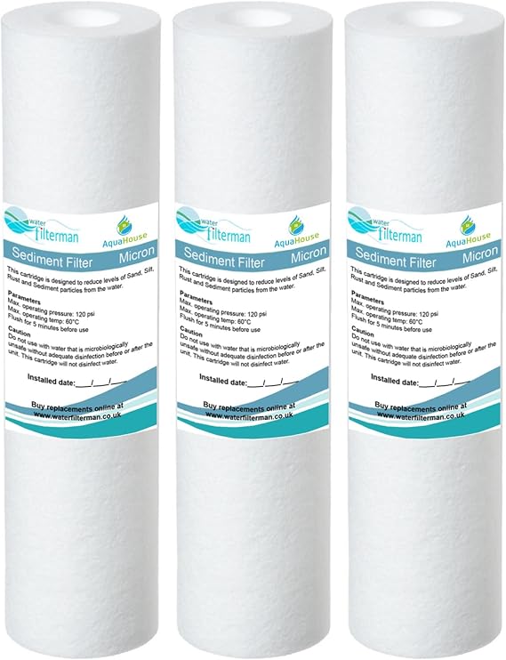 3x AquaHouse 10" Sediment Water Filter Cartridge for Reverse Osmosis, Water Powered Pole and Particle Filtration, Fits Standard 10" Filter Housings - 5 Micron