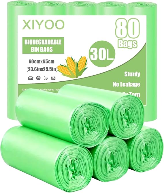 Biodegradable Bin Liners 30L Food Waste Bags 80 Counts Compostable Trash Caddy Liners fit 25-35l Rubbish Bags,Green