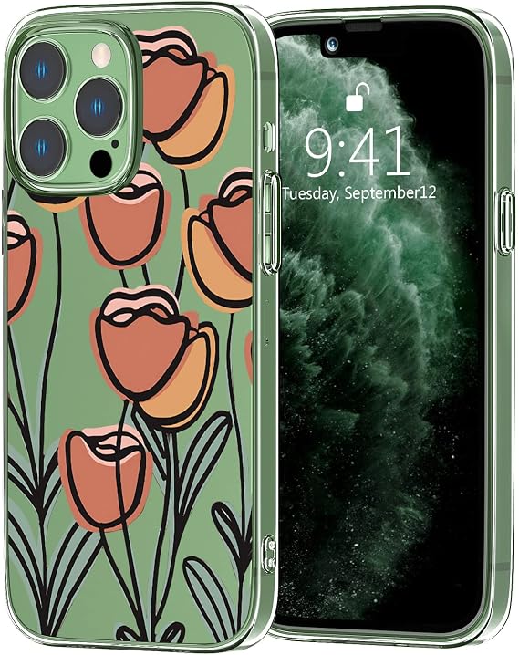 チューリップフラワー スマホケース クリアケース iPhone 12 Pro Max用、かわいいガーリー保護シェル 透明アート 花柄 ユニークデザイン 黄変防止 ソフトTPUバンパー ウルトラスリム 耐衝撃カバー
