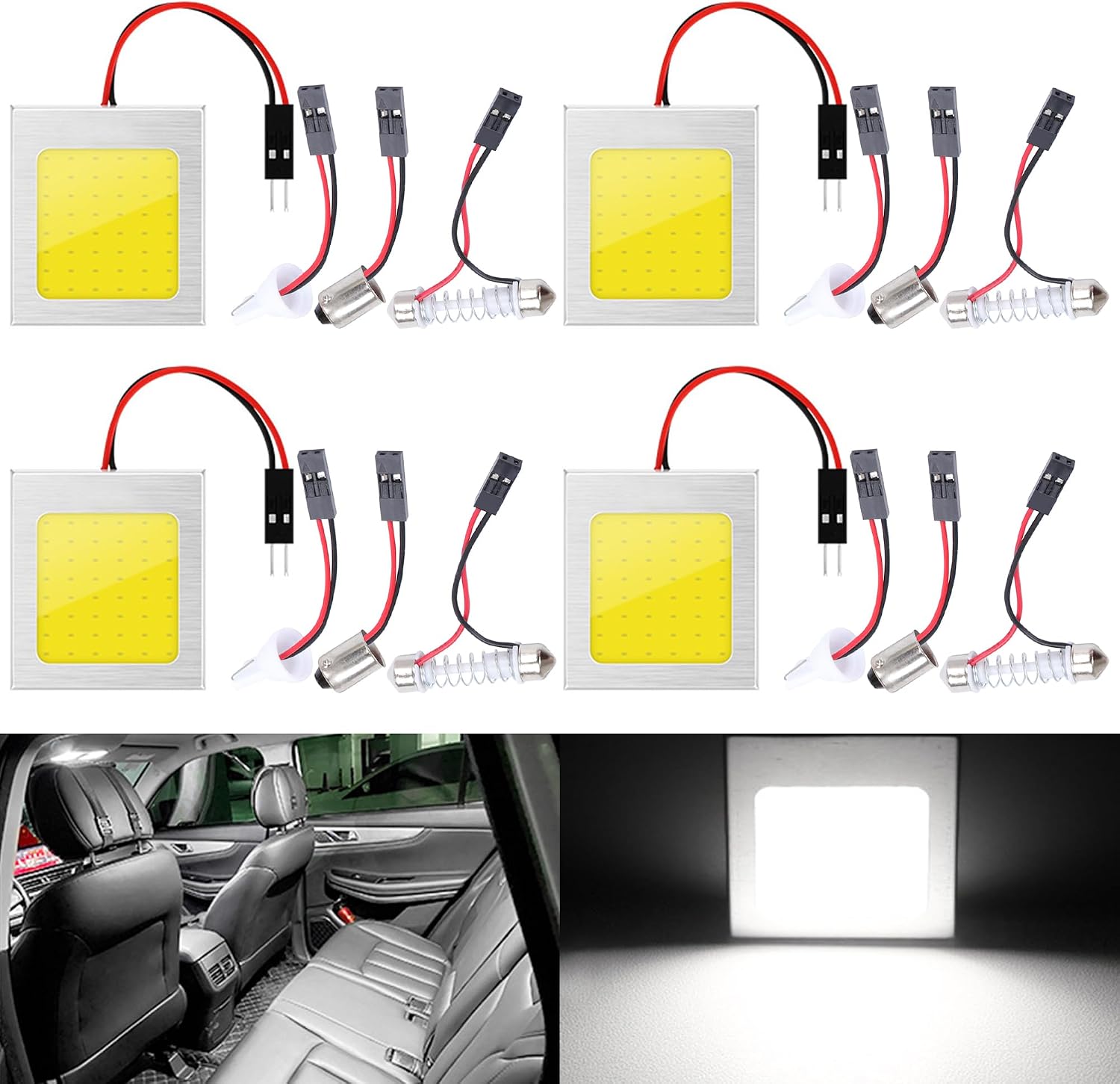 4'lü Paket Süper Beyaz COB 48-SMD LED Panel Tavan Lambası Otomatik Araba İç Mekan Okuma Tavan Tavan Alüminyum Muhafaza İç Mekan Tavan Lambası BA9S Adaptörü, T10 Adaptörü, Festoon Adaptörü (12V)