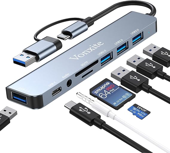 USB C Adapter 8 in 1, USB Hub Multiport Adapter with Type C Data Ports, USB-A 3.0, 3*U SB 2.0, SD/TF Card Reader, 3.5mm Headphone Jack, Type C Hub Docking Station for Smartphones/Laptops/Pad/Switch