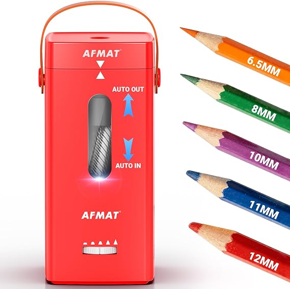 AFMAT Fully Automatic Electric Pencil Sharpener,Hands-Free Electric Sharpener with Handle, 5 Tip Settings, Auto in & Out, Portable for 6.5-12mm Pencils, 7K+ Uses for Teachers, Artists, Office,Red,PSC6