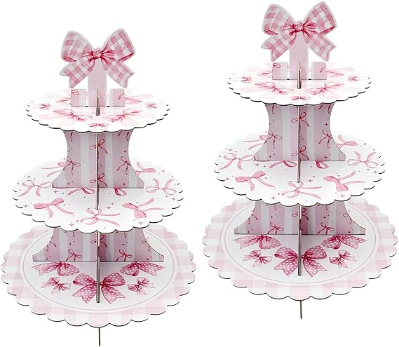 2 Pack Cake Stand Pink Bow 3-Tier Cupcake Stand Elegant