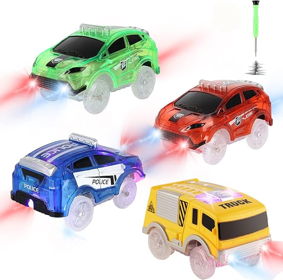 Car Tracks Replacement, Glow in The Dark Toy Cars With 5 Flashing LED Lights, Racing Accessories Compatible With Most Tracks for Kids Boys and Girls (4 Pack)