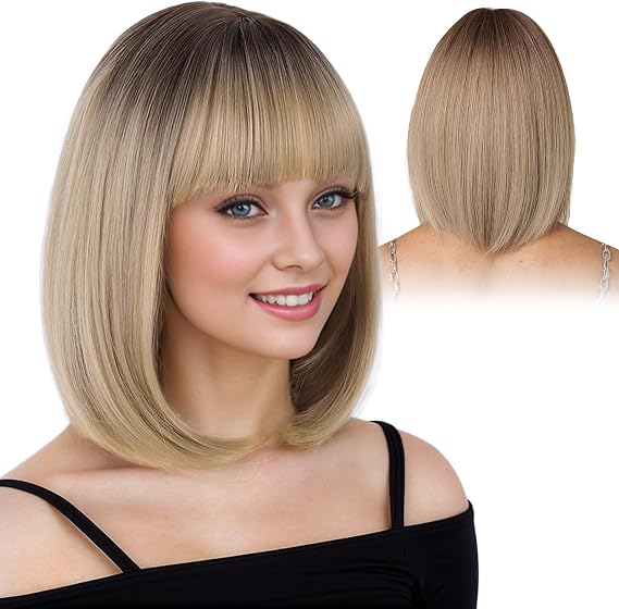 DKDDSSS Ombre Blonde Bob, Short Blonde Bob Wig with Fringe, Synthetic Wig for Women, Wigs Cosplay Costume Charming Wig for Daily Carnival Fancy Dress Halloween