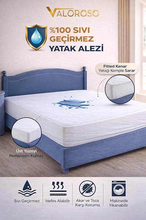 Fitted Full Kenar Su Sıvı Geçirmez Yatak Koruyucu Alez – 100x200 / 120x200 / 160x200 / 180x200 cm / 200x200 cm (160x200)