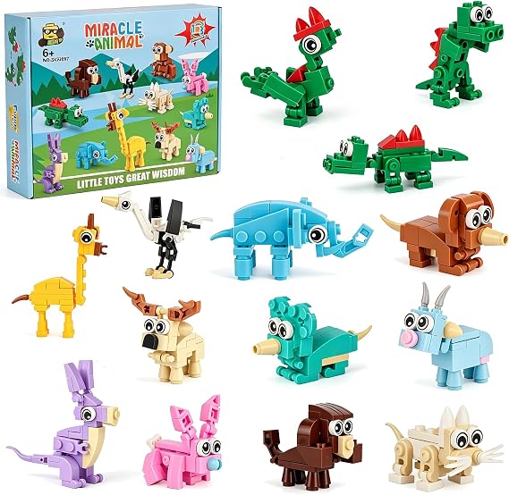 12 Pack Mini Building Blocks Animals Toys - Party Bag Filler, End of Term Gifts for Children, Party Bag Fillers for Kids, Birthday Present Gifts, Exchange Goodie Loot, Pass The Parcel Prizes