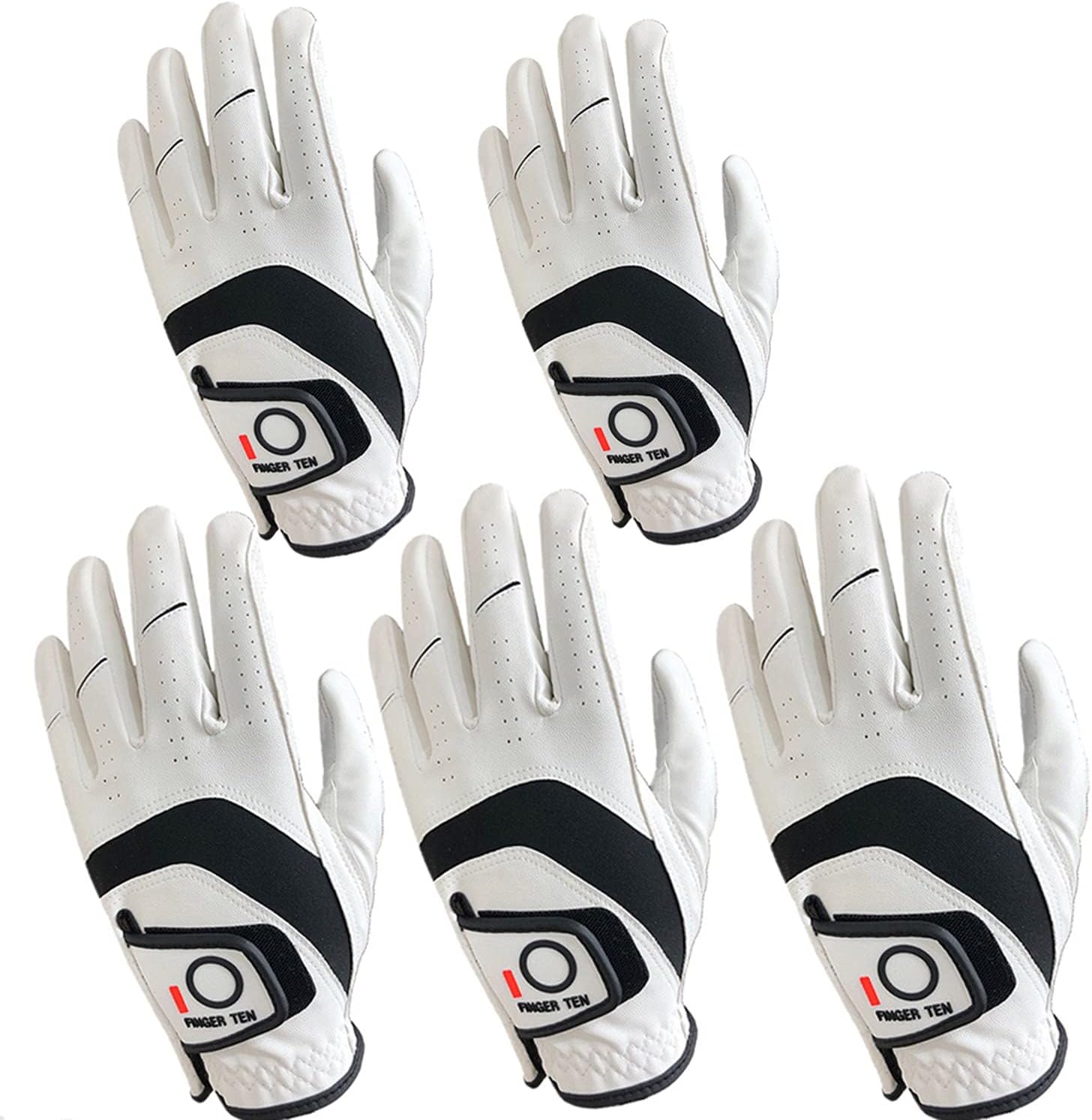FINGER TEN Golf Gloves Men Left Right Hand Pu Leather Multipack All Weather Soft Value 5 Pcs, Golf Gloves Mens for Right Left Handed Golfer Rain Grip Comfortable