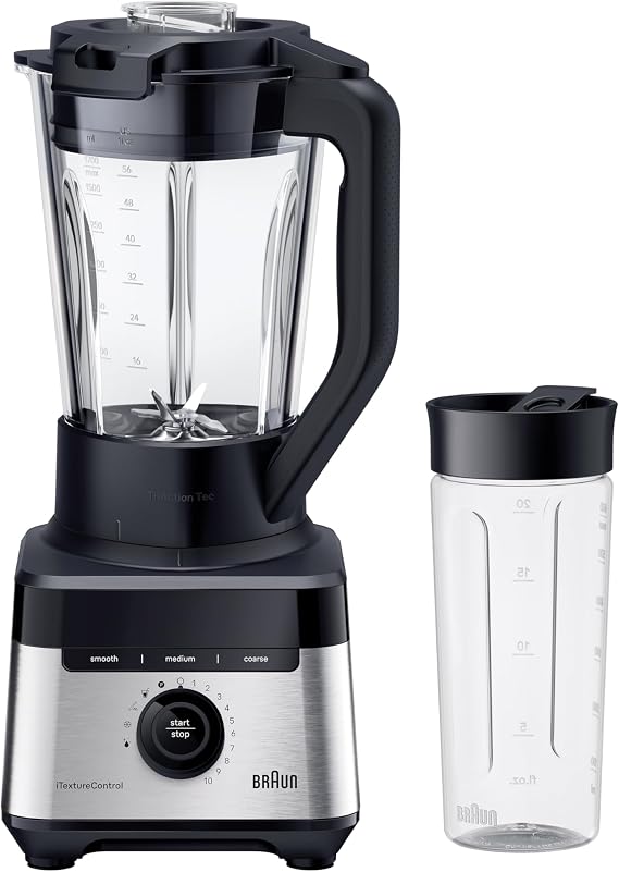 Braun PowerBlend 7 JB7550BK, Jug Blender with Triangular Glass Jug, 10 Speed Pulse Function, PrecisionCrush Blade, Clean Program, Tamper and 600ml Bottle Included, 1400W, Black