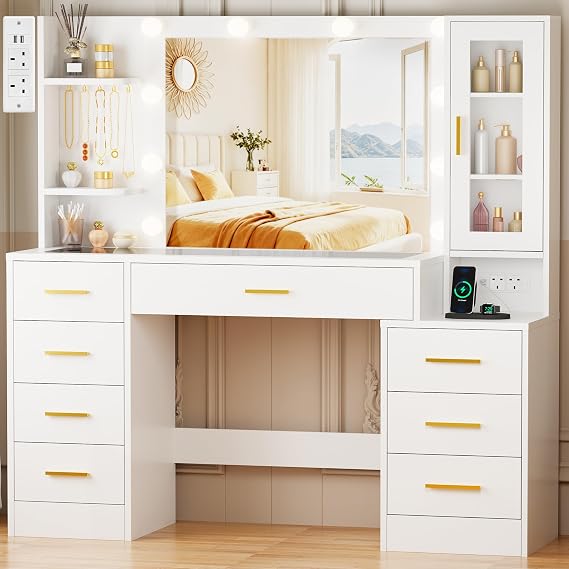 ANWBROAD 125cm Large Dressing Table,Glass Top Vanity with Mirror and Lights