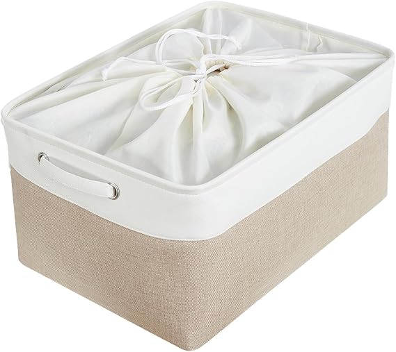 Mangata aufbewahrungsbox Stoff aufbewahrungskorb groß Korb aufbewahrung Stoff mit Griffen für Schrank Spielzeug kleiderschrank Regale Kleidung (groß Helles Khaki Weiß)