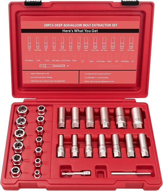 28Pcs Deep Bolt Extractor Set, with 3/8" Drive, Ez Out Broken Bolt Remover Kit, Spark Plug Extractor Socket Set, Easy Out Stripped Lug Nut Removal Tool for Removing Rounded, Rusted Bolts, Nuts (Red)