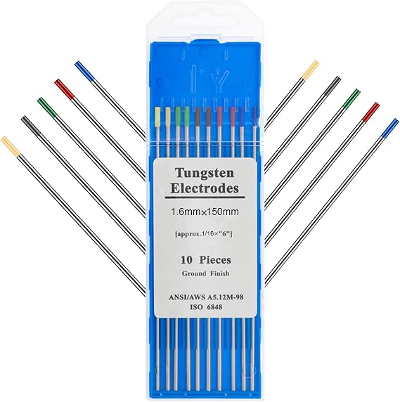 for TIG Welding Tungsten Electrodes Mixed Packaging 1.6x150mm, 2pcs Pure Tungsten + 2pcs 2% Cerium (Grey) + 2pcs 1.5% Lanthanum (Gold) + 2pcs 2% Lanthanum (Blue)+ 2pcs 2% Thorium 10 Pack