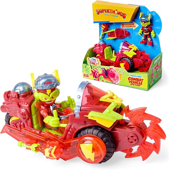 SUPERTHINGS KAZOOM POWER – Kid Fury Combat Vehicle. Kid Fury's combat vehicle from the animated series "Kazoom Power". Contains 1 Combat Vehicle, 1 Exclusive Kid Fury, 1 Weapon, and 1 Accessory.