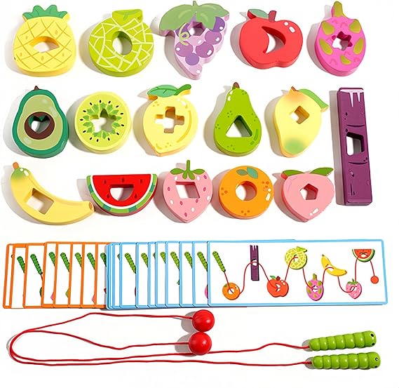Montessori Threading Toys for Toddler,Fine Motor Skills Toys with Wooden Beads,Greedy Caterpillar Stringing Game for Toddlers Learning,Educational Toys for 3 Year Old Boys&Girls (A)