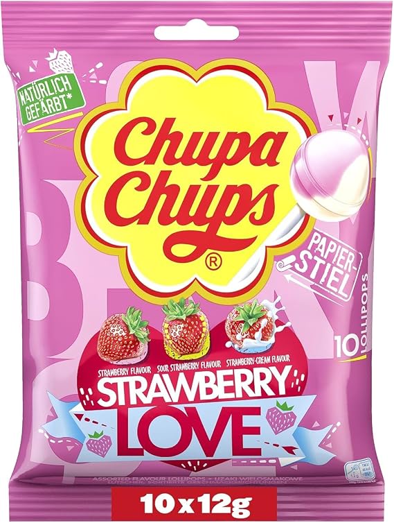 CHUPA CHUPS Strawberry Love Lollipops - 3 Flavours x 10 Lollies - 30 Pack