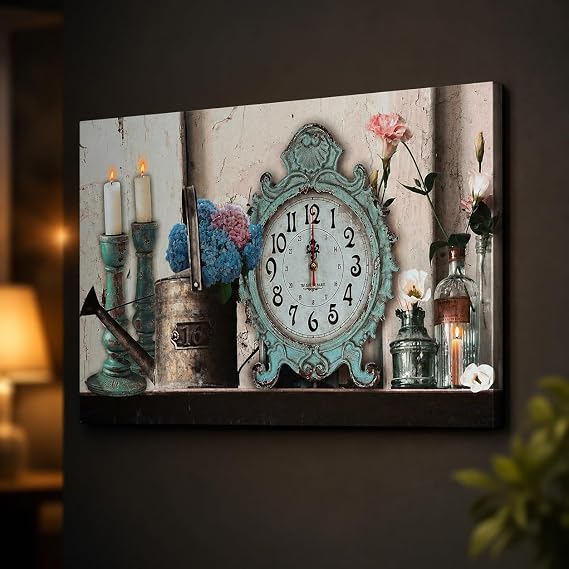 LEDSone 60x40cm Rectangular Nautical Wall Clock Vintage French Country Style Wall Clock with Floral Decor, Shabby Chic Home Decor Easy to Read Wall Clock for Bedroom Living Room (Style 05)