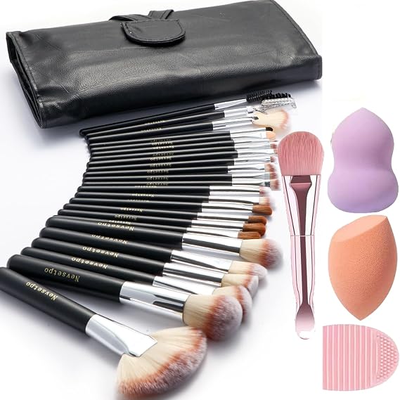 28Pcs Black Makeup Brushes For Women Sponge Set Tools Roll Up Bag