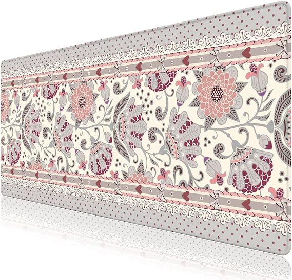 Cute Desk Mat, Large Desk Matt for Desktop, Woman DeskPad Mat, XXL Big Mouse Pad, Anti-Slip Mousepad with Stitched Edges,Keyboard Pad Mouse Mat Cover for Computer 35.4×15.7 in,Cream Flowers