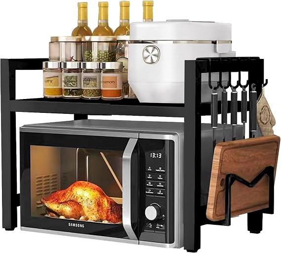 2 Tier Expandable Microwave Oven Rack - Carbon Microwave Stand with 6 Hooks