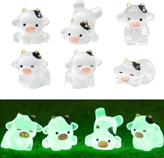 6Pcs Mini Cow Figurines Tiny Resin Luminous Animals Cute Mini Resin Figures Little Plastic Animals Figures Miniature Animal Mini Figures for DIY Car Dash Cake Toppers Fairy Garden Landscape Dollhouse