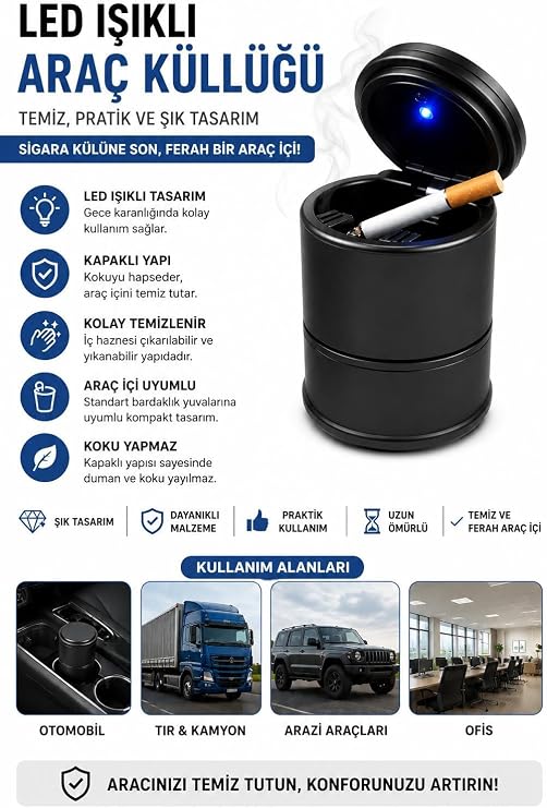 LED Işıklı Araç Küllüğü Kapaklı Oto Küllük Bardaklık Uyumlu Kokusuz Araç İçi Sigara Küllüğü Siyah