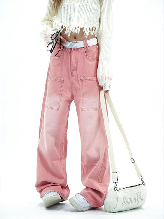 American Streetwear Style High Waist Straight Jeans Trousers Fashion Harajuku Women Baggy Y2K Wide Leg Loose Denim Trousers pink