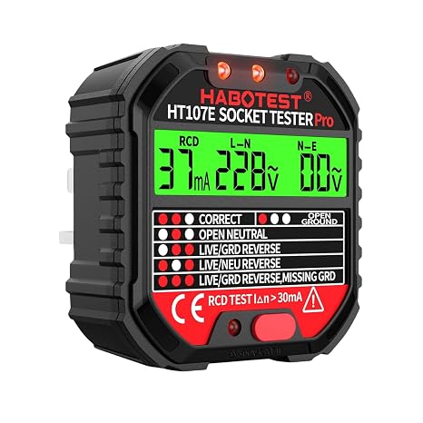 DEWIN Socket Tester, Outlet Tester UK with RCD Test and LCD Voltage Display 6 Fault Diagnostics Leakage Voltage and Current Display 90-250V (HT107E UK)