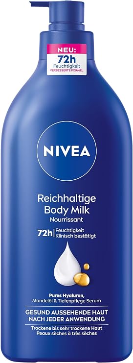 NIVEA Rich Body Milk, Intensely Nourishing Body Cream with Pure Hyaluron, Almond Oil and Deep Care Serum, Lotion for Dry Skin (625 ml)