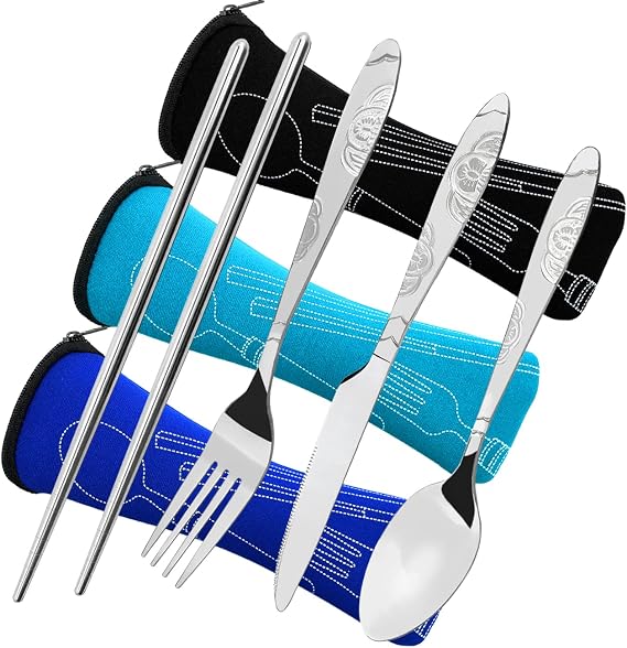 3 Pack Camping Flatware Set, CKANDAY 12 Pcs Knife Fork Spoon Chopsticks with Carrying Case,Rustproof Stainless Steel Tableware Silverware for Traveling Picnic Working Hiking-Black/Blue/Light Blue