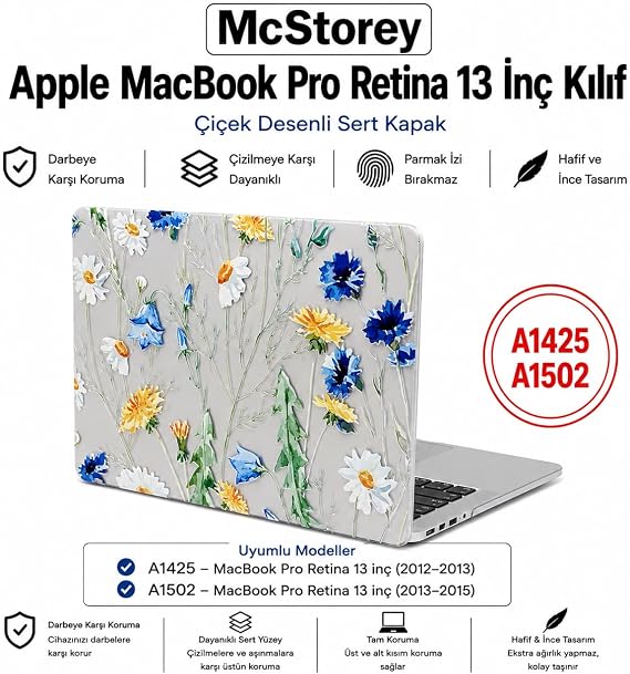 McStorey MacBook Pro Retina 13 İnç Kılıf A1425 A1502 Uyumlu Tropikal Yaprak ve Çiçek Desenli Sert Kapak Hard Case İnce Hafif Laptop Koruyucu R-622