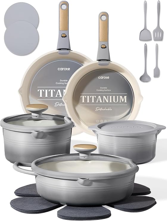 CAROTE 17Pcs Titanium Cookware Set, Pots and Pans Set Non Stick, Kitchen Cooking Set with Detachable Handle, Non Toxic Induction Cookware, Dishwasher/Oven Safe