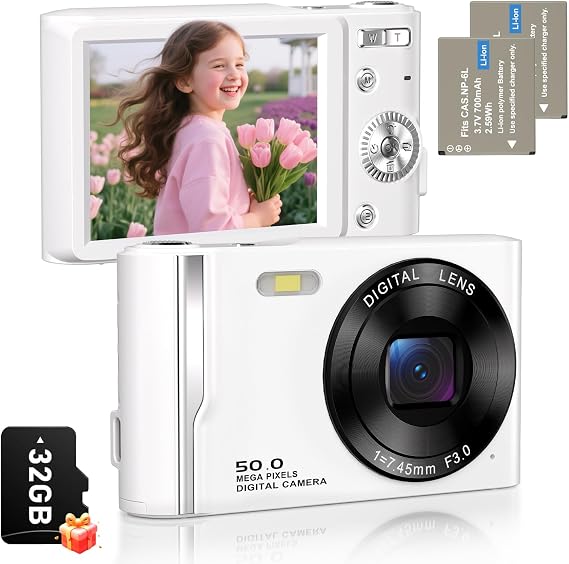 4Kデジタルカメラ 写真撮影用 オートフォーカス 50MP Vlogカメラ 揺れ防止付き 16倍ズーム コンパクトポイント 撮影用デジタルカメラ ティーンエイジャー用 大人初心者用 バッテリー2個付き 32GBカード ホワイト