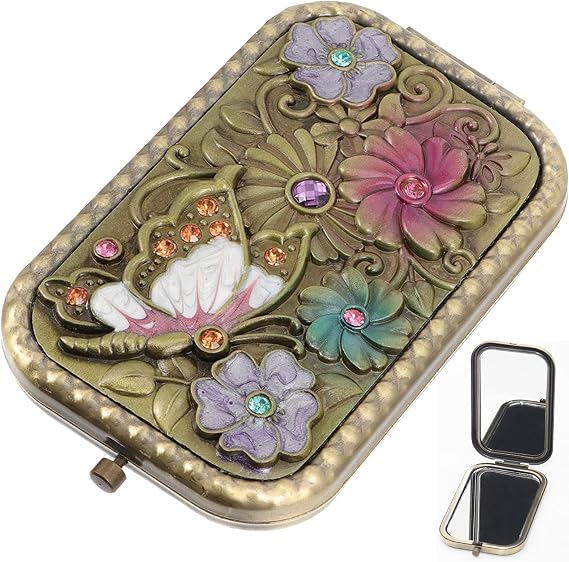 Double Sided Vintage Foldable Mirror - Rectangle Mini Pocket Design for Travel Makeup and Tabletop