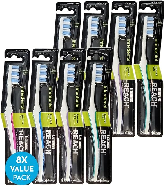 REACH Essential Care Interdental Medium Toothbrush, Single Pack x 8, Full Head Hard Bristle Manual Toothbrushes, Variety Colors Multipack, Daily Oral Enamel Dental Care