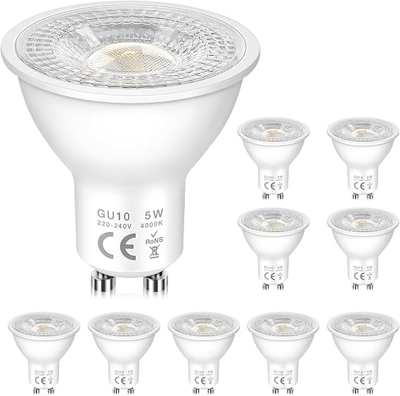 GU10 Spot LED Bulbs, Neutral White 4000K, 5W Equivalent to 50W Halogen, 500 Lumens, 120° Beam Angle, Low Consumption, Spotlights, for Rail Lighting, Recessed, Non-Dimmable, Pack of 10 [Energy Class E]