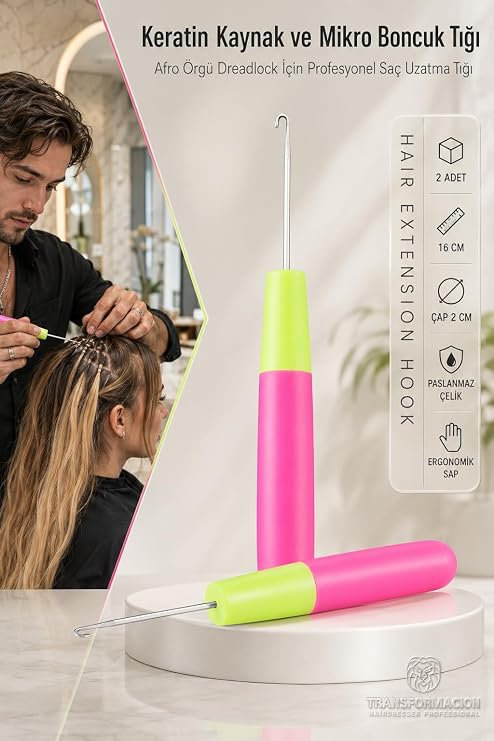 Transformacion Profesyonel Mandal Tığ Seti, Paslanmaz Çelik Kanca, Neon Pembe ve Yeşil, 16 cm, Ergonomik Plastik Sap, 2 Adet, Afro Örgü, Dreadlock, Keratin Kaynak ve Mikro Boncuk için 723251