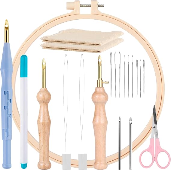 MSDADA 21 Pcs DIY Punch Needle Kit, Adjustable Rug Yarn Set, Wooden Handle Pens - Embroidery Sewing Cloth Threader Tools(Blue)