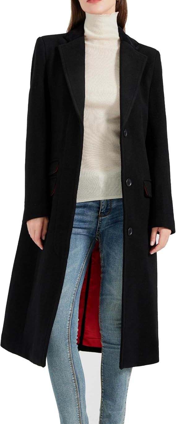 Women’s Black 70% Wool & Cashmere Covert Overcoat – Winter Coat with Velvet Collar, Red Satin Lining & Concealed Fastening