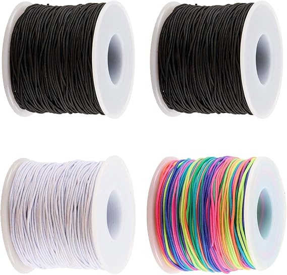 1mm Elastic String for Bracelets, 4 Rolls Elastic Cord, Black White Rainbow