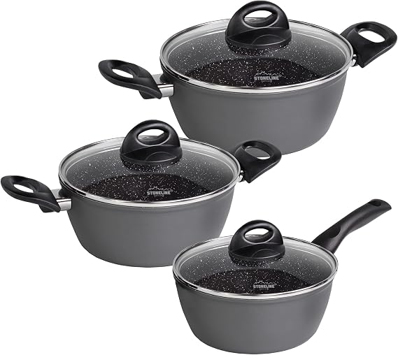 STONELINE Ceramic Saucepan Set of 6 18/20/24 cm Pot with Lid Pots PFAS Free Non-Stick Pot Induction All Hobs with Ceramic Coating with Real Stone Particles Cookware Set Grey