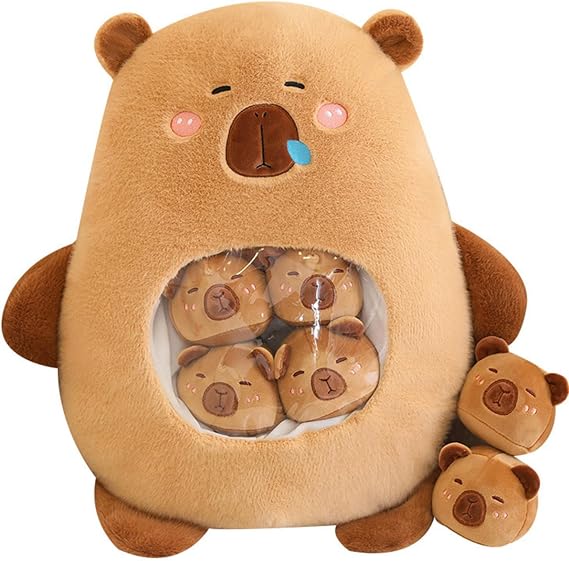 Capybara Plush with 6 Cute Babies Stuffed Animals,a Bag of Capybara Animal Snack Pillow,Super Soft Plushie Doll Pillow for Baby Boys Girls Toys(Brown)