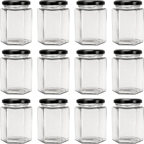 270 ml Hexagonal Jars with Black Lid, 12 Pack 9 oz Airtight Preserving Jars, Food Storage Jars for Spice, Jam, Honey, Yogurt, with 40 Stickers, 1 Pen