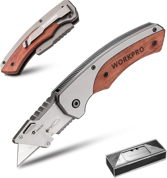 WORKPRO Folding Utility Knife with Wooden Handle