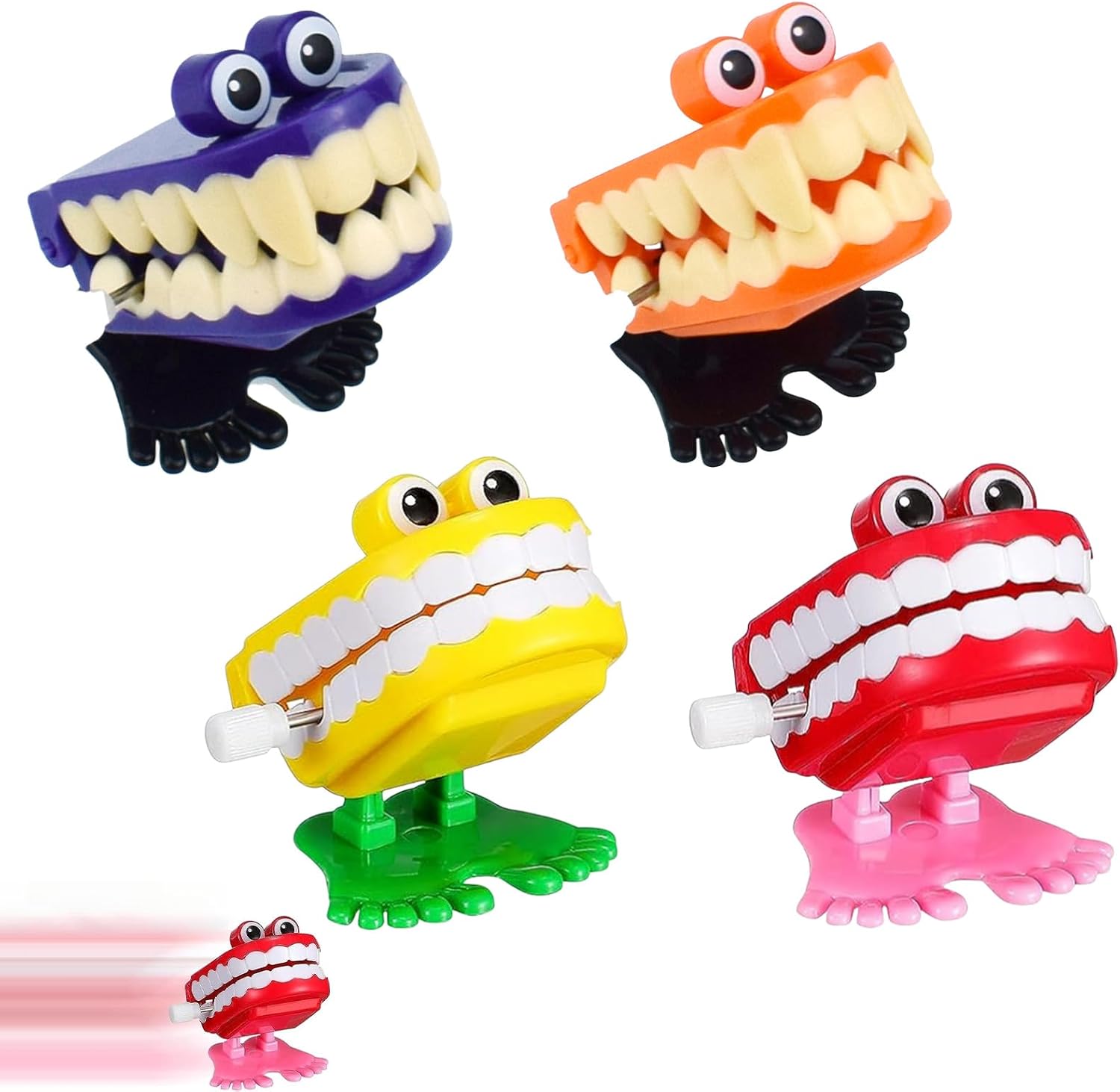 Mienocol 4 PCS Chattering Teeth Wind Up Toys for Kids,Funny Jumping Teeth Toy Chomping Tooth Chattering Teeth With Eyes Walking Teeth Toys for Halloween Party Favors Trick and Treat Goody Bag Filler