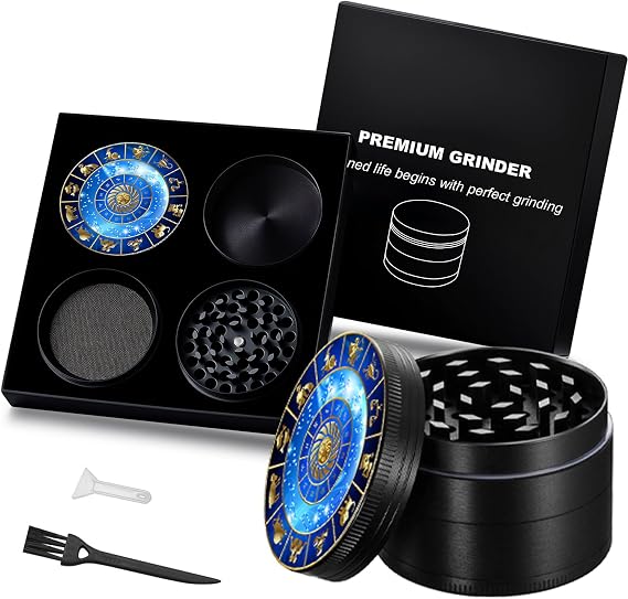 Herb Grinder, Spice Grinder 50mm(2.0 inch),4 Layers Constellation Painting Metal Grinder with Pollen Scraper (Black Color)
