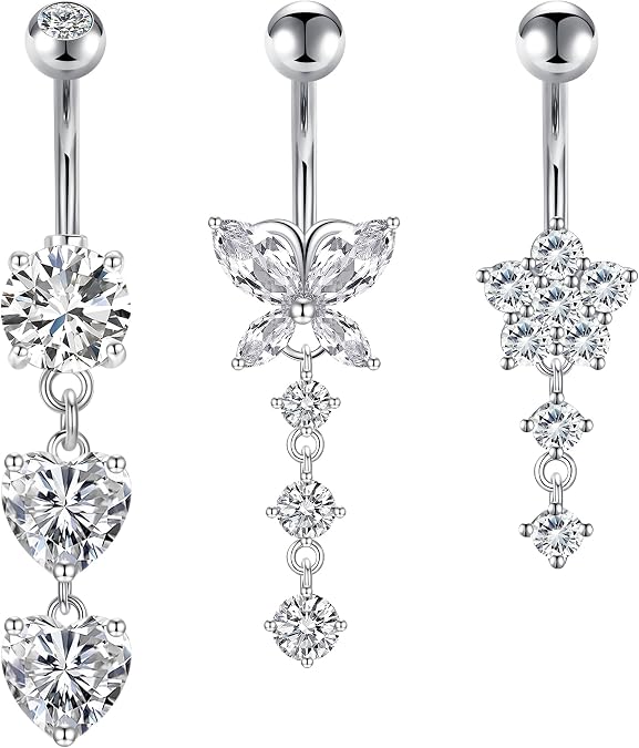 Crdifu Dangly Belly Bars Silver 14G 10mm 316L Stainless Steel Butterfly CZ