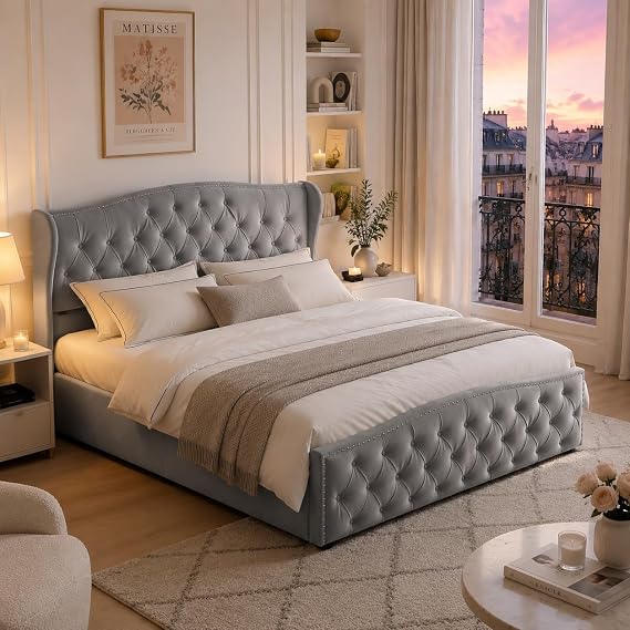 5FT Ottoman Double Bed Frame with Hydraulic Storage, 150x200cm Velvet Upholstered Bed with Tufted Headboard & Footboard, Lift Up Storage Base, Grey