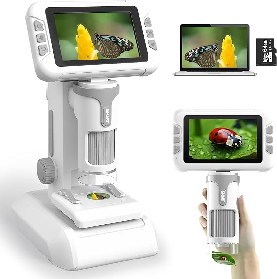 Charmofun Kids Microscope, Portable Kids Microscope with 64G Memory Card, Children's Digital Microscopes with 4" LCD Screen, 1600X Magnification, Photos and Videos, Portable and Fixed Function