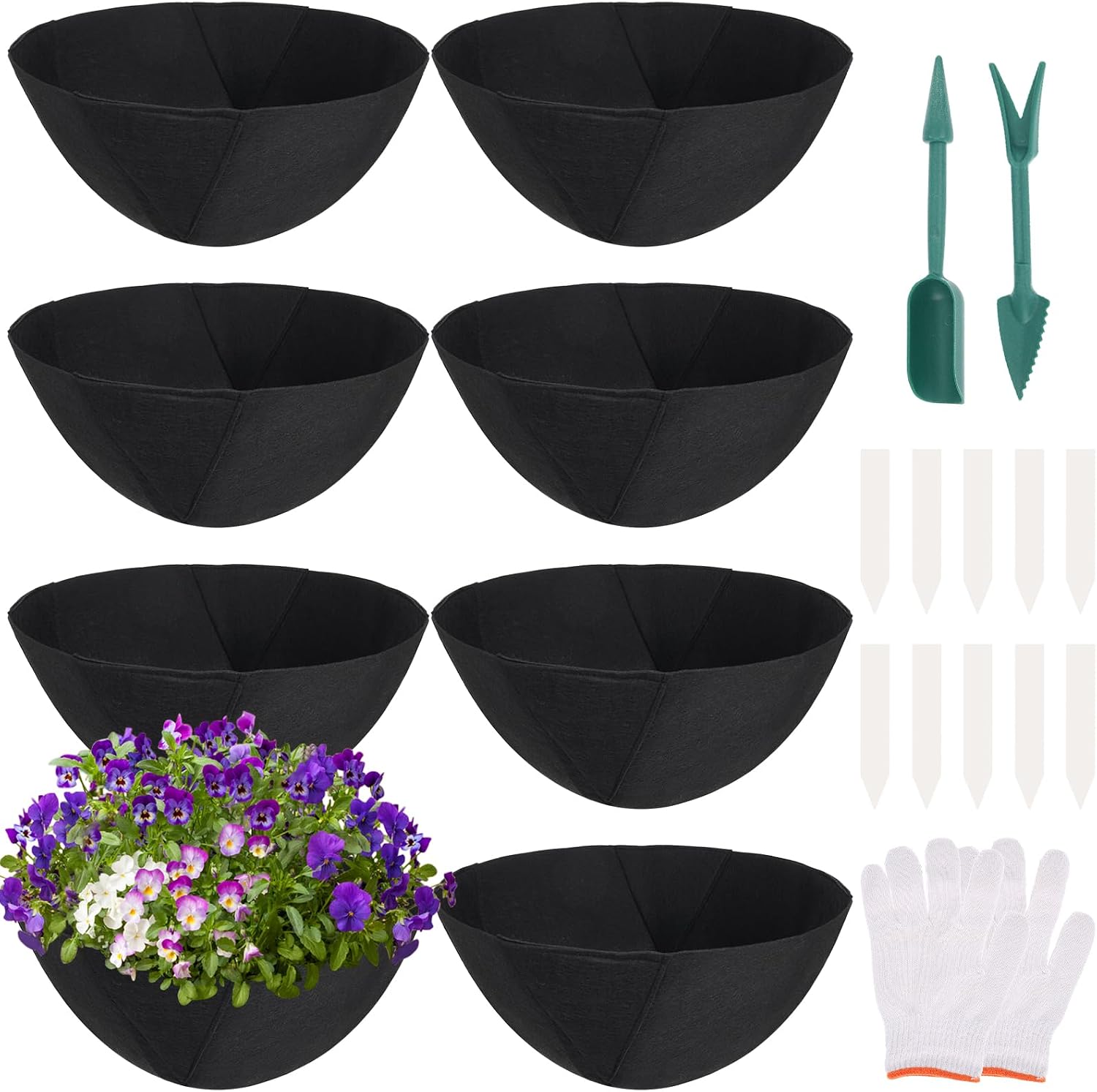 8 PCS Fabric Planter Basket Liner - 16 Inch Round Hanging Basket Liners with Gardening Tools Set, Reusable Felt Planter Liners for Window Boxes, Flower Pots, Hanging Baskets (Black)